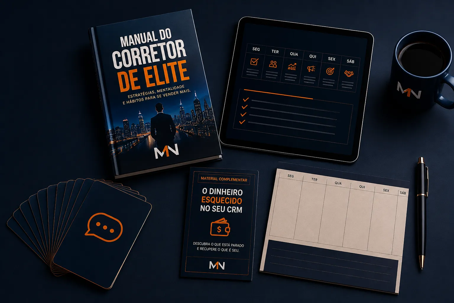 Composição com o livro, o baralho de objeções, o planner semanal e o material complementar do Manual do Corretor de Elite