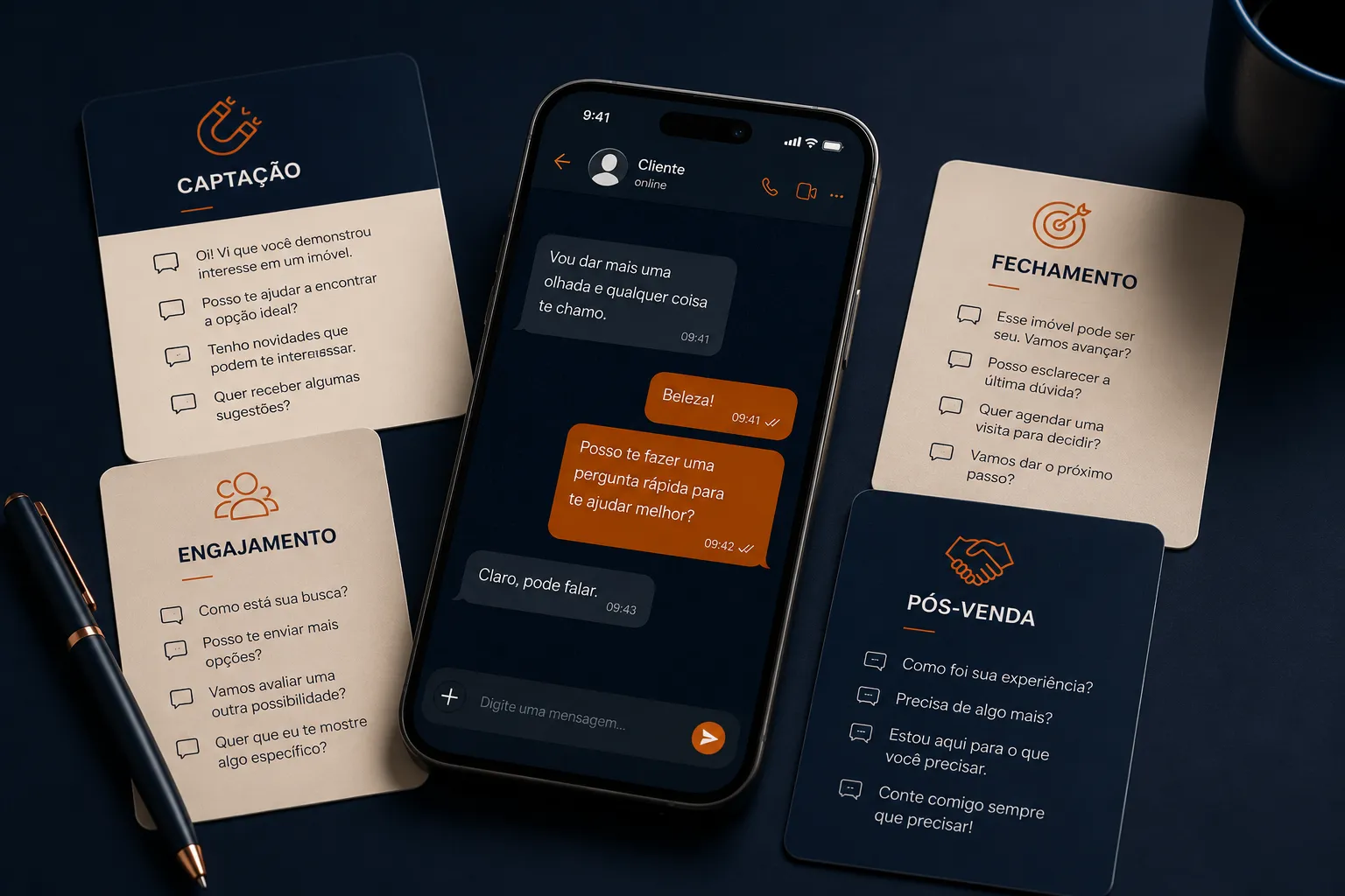 Cartas de captação, engajamento, fechamento e pós-venda ao lado de uma conversa no celular