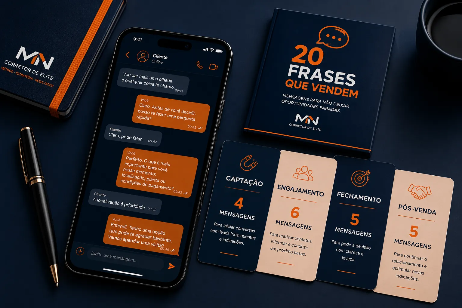 Guia 20 Frases que Vendem com celular mostrando uma conversa conduzida com o cliente